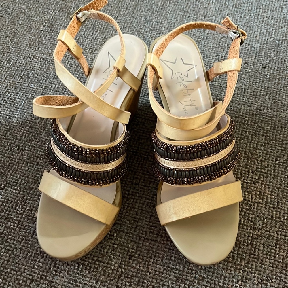 Cork beaded leather wedge sandals